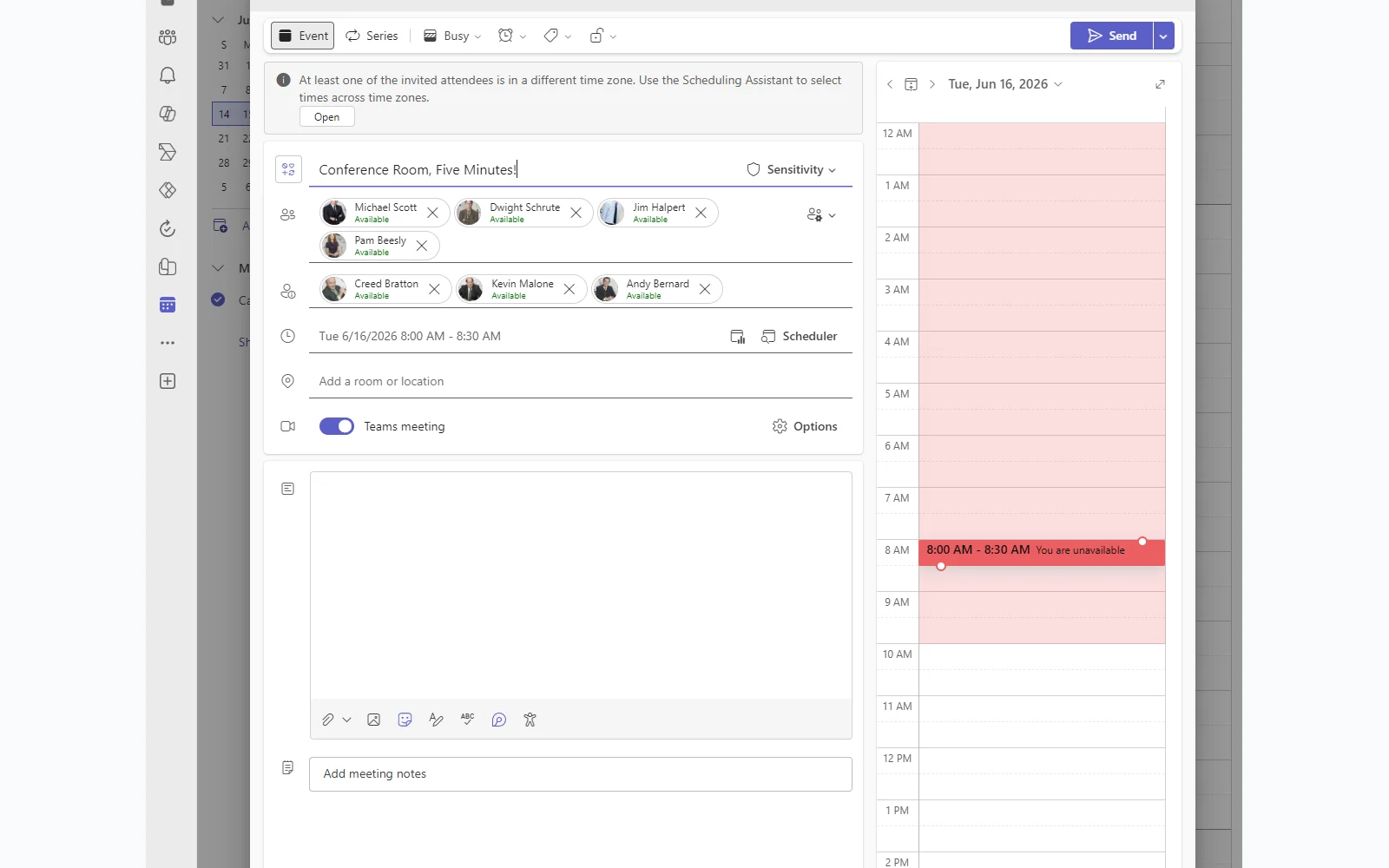 Meeting creation with the invite list showing required and optional attendees