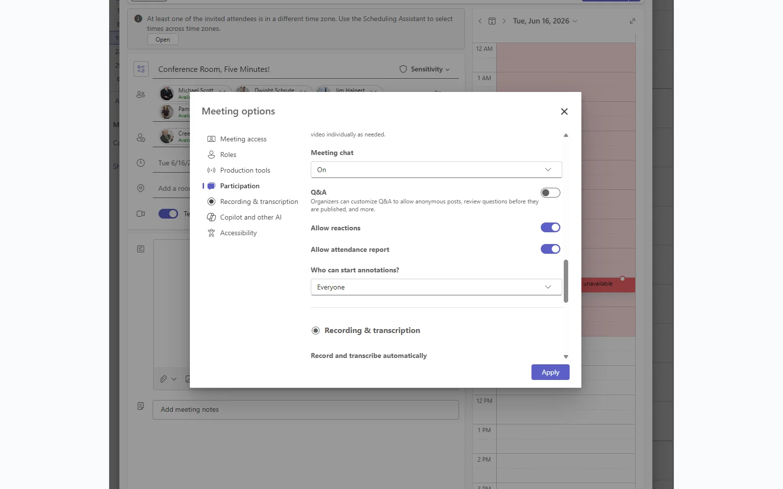 Meeting Options panel with the attendance report toggle enabled
