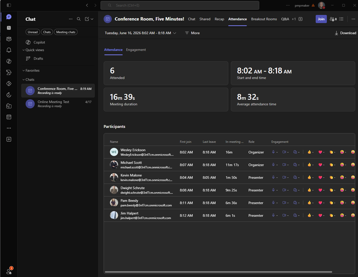 The Teams Attendance tab showing verified join and leave times for every participant