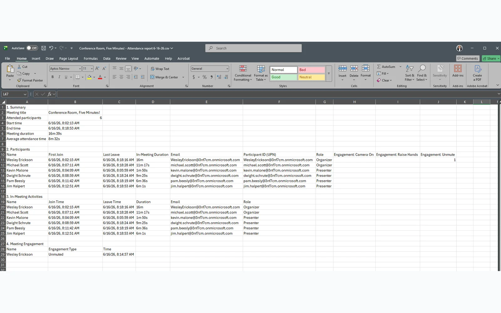 The Teams attendance report CSV opened in Excel — join times, leave times, duration, and role for every participant, available only if you navigate to the chat, find the Attendance tab, and click Download