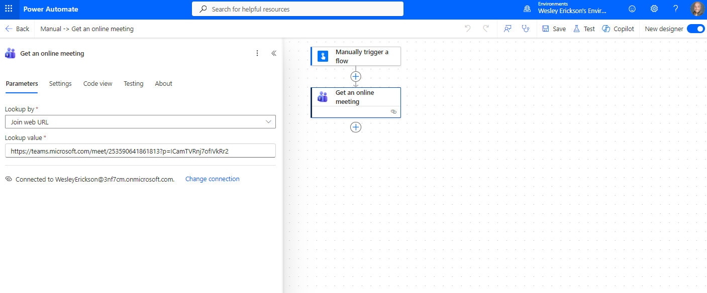 Native Get an online meeting action configuration in Power Automate