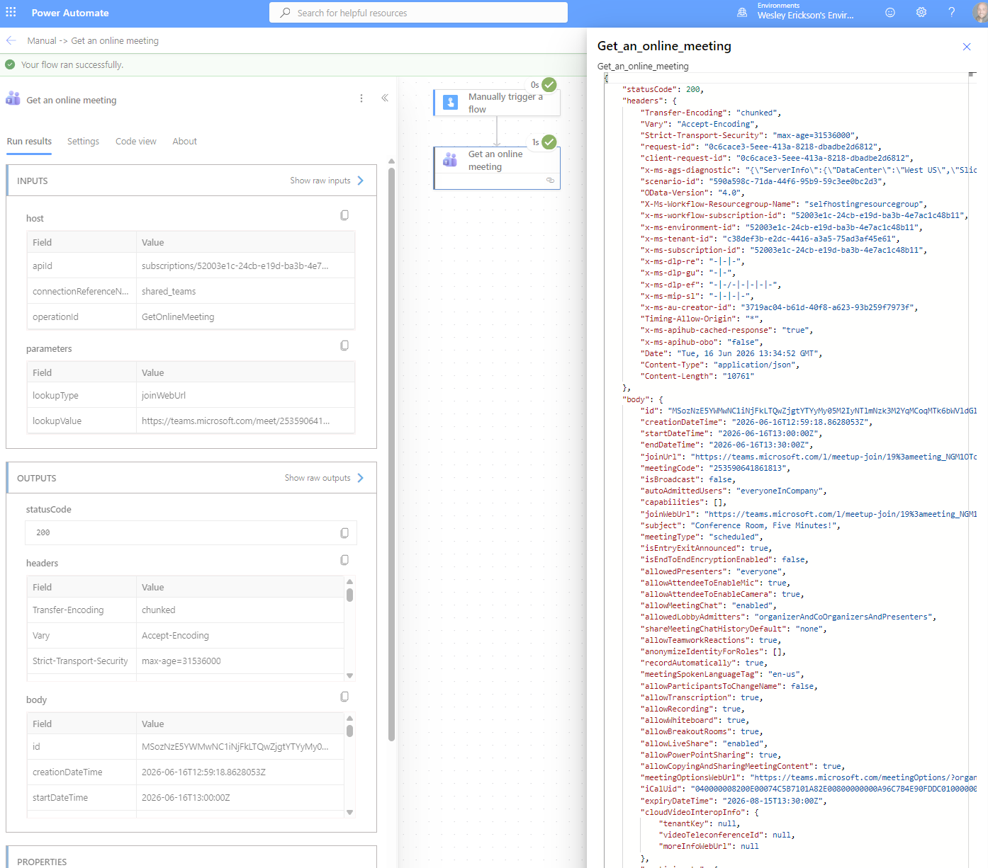 Run result showing the invite list with null displayName fields and no attendance data