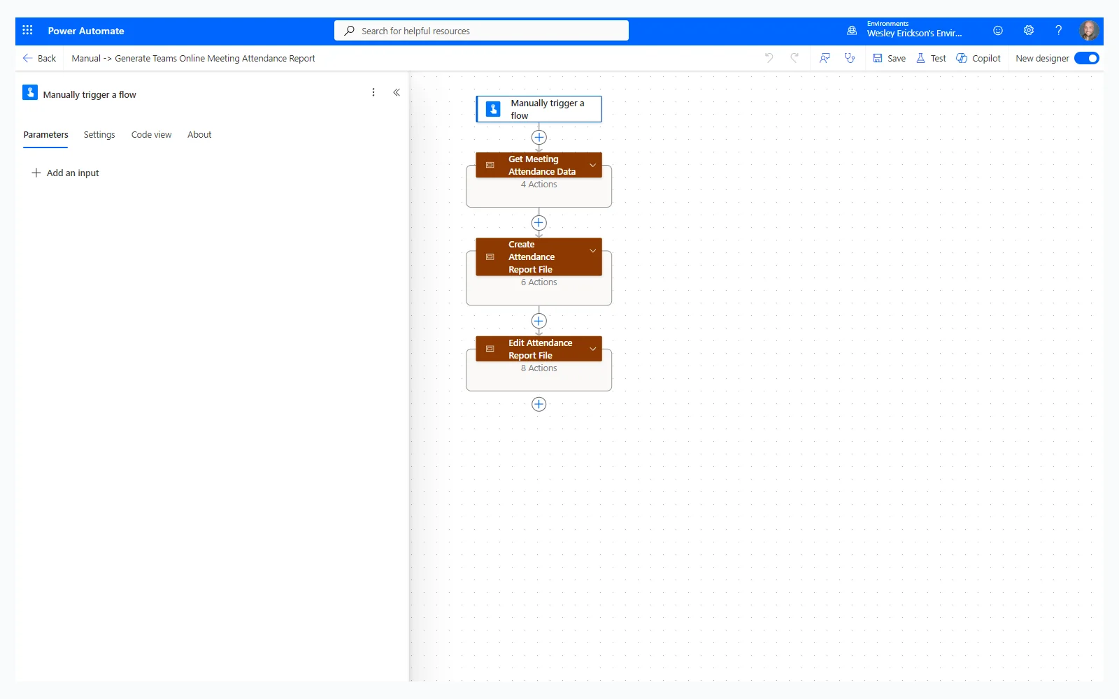 Flow overview showing three scopes: Get Meeting Attendance Data, Create Attendance Report File, and Edit Attendance Report File
