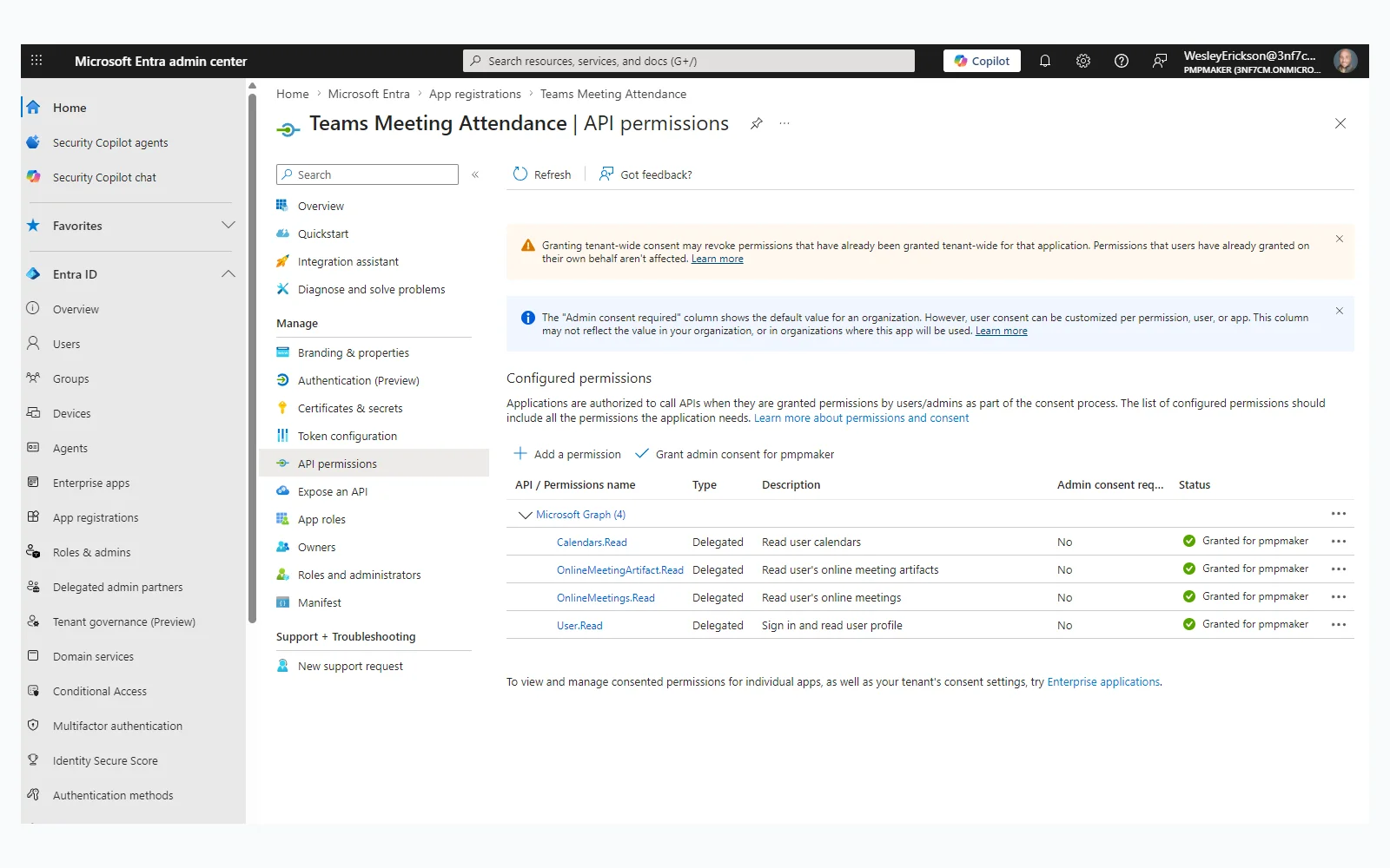 Four delegated Graph permissions — none require admin consent by default