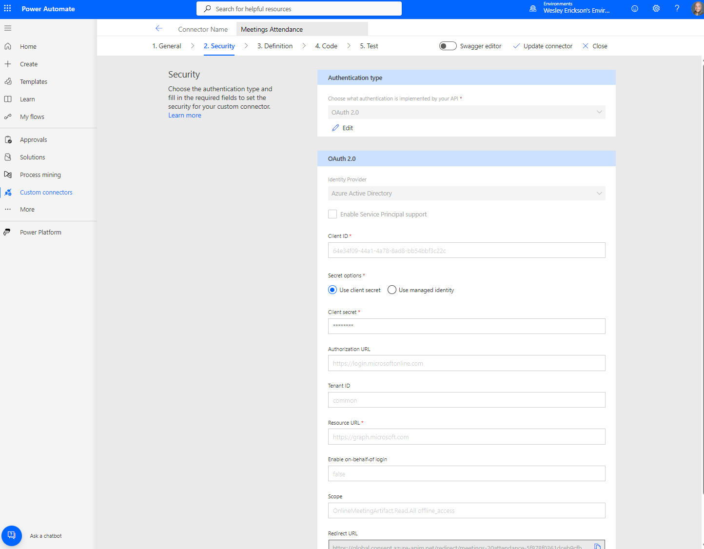 Connector security tab showing OAuth 2.0 configuration