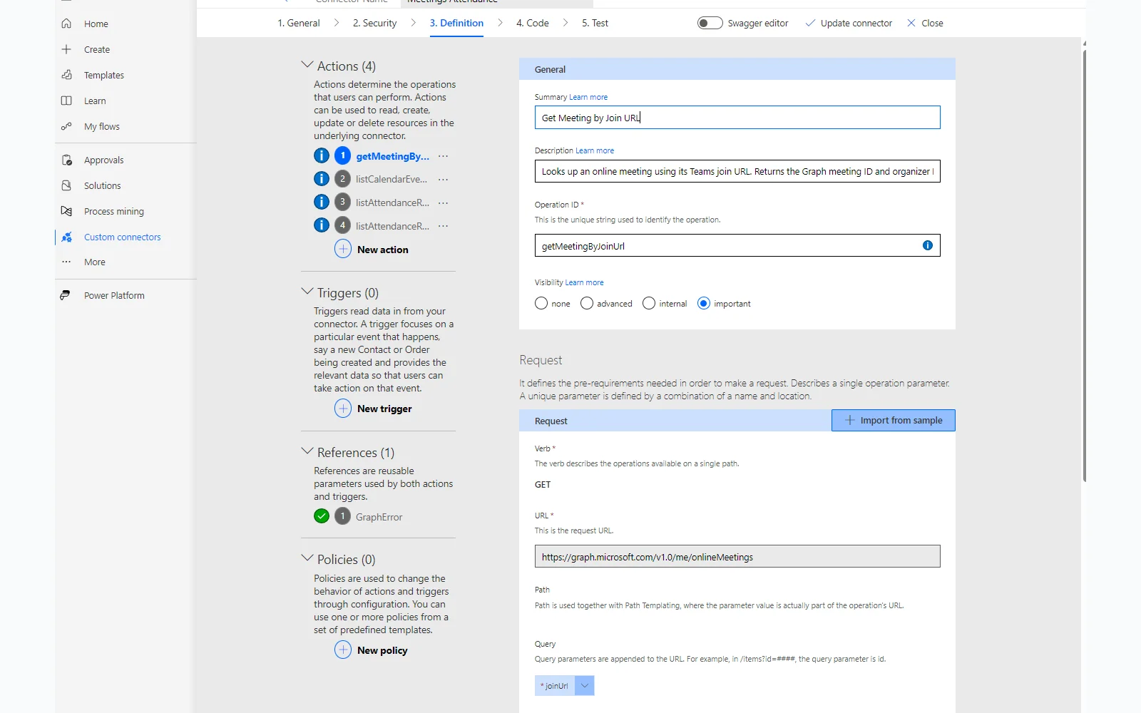 Connector definition tab showing the four Graph API actions