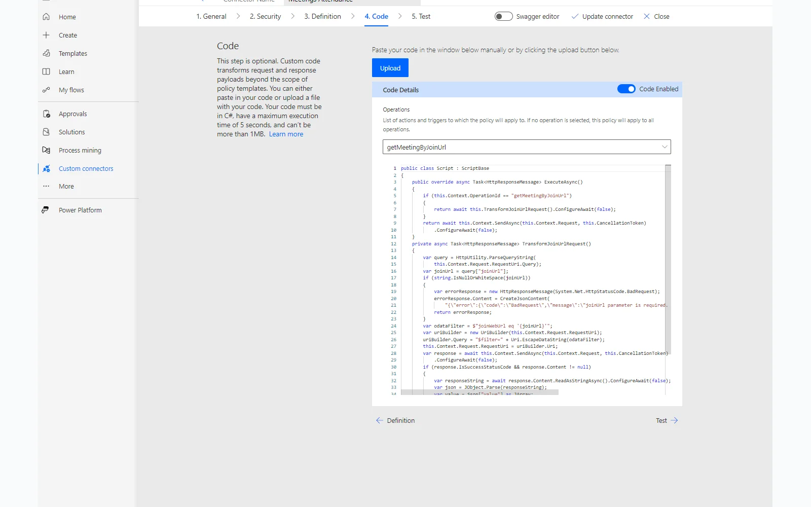 Connector code tab with C# that flattens the value array so downstream actions read fields directly