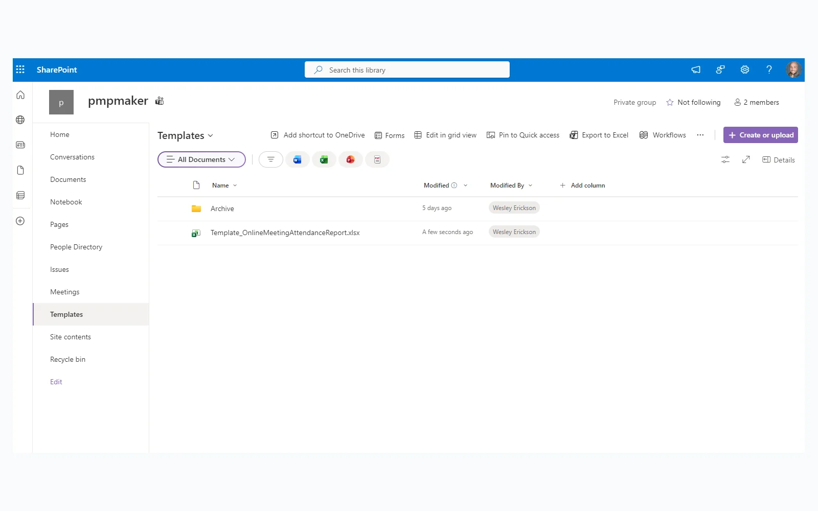 SharePoint Templates library where the Excel template is stored
