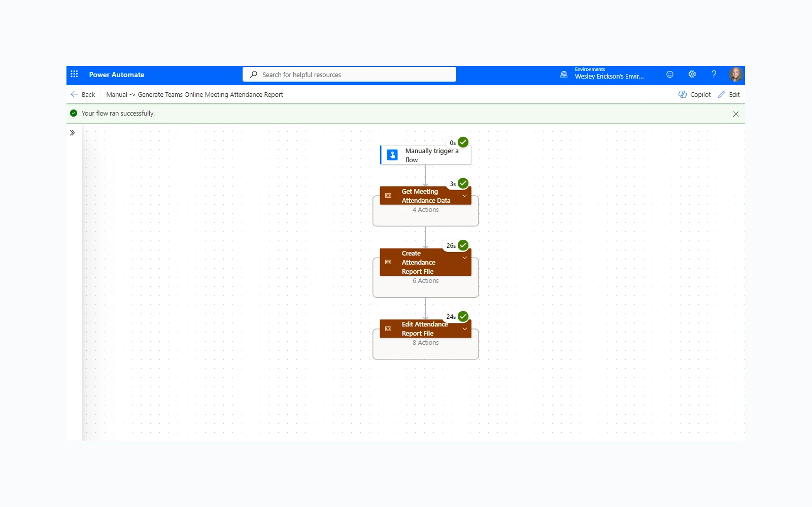 Power Automate flow run showing all actions completed successfully