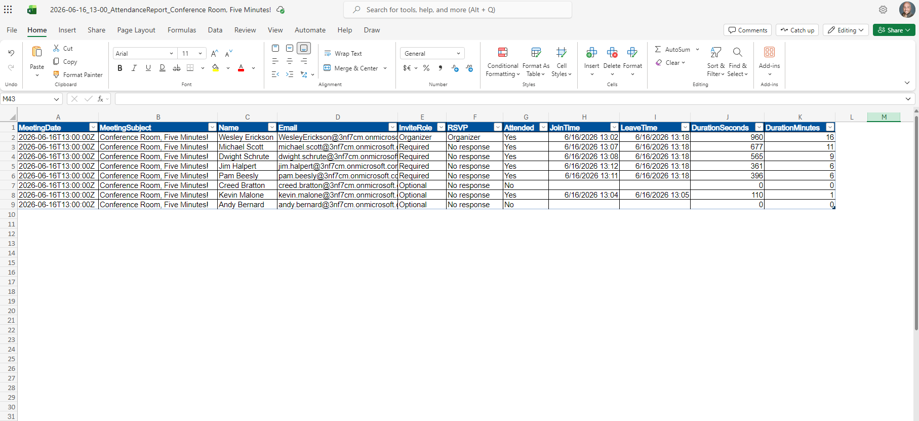 Final Excel roster with one row per person: invite role, RSVP status, attendance flag, and verified join and leave times