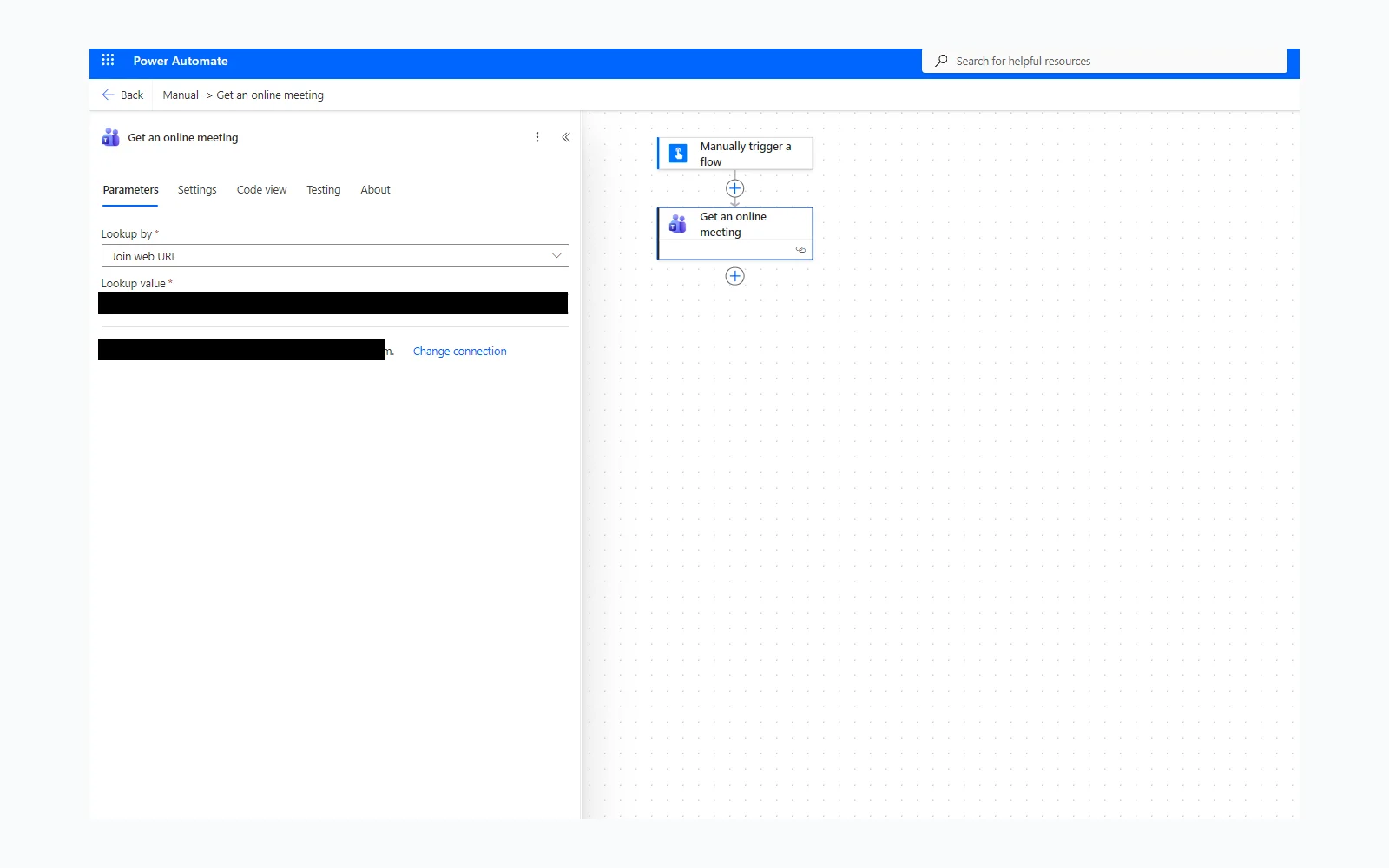 Native Get an online meeting action configuration in Power Automate