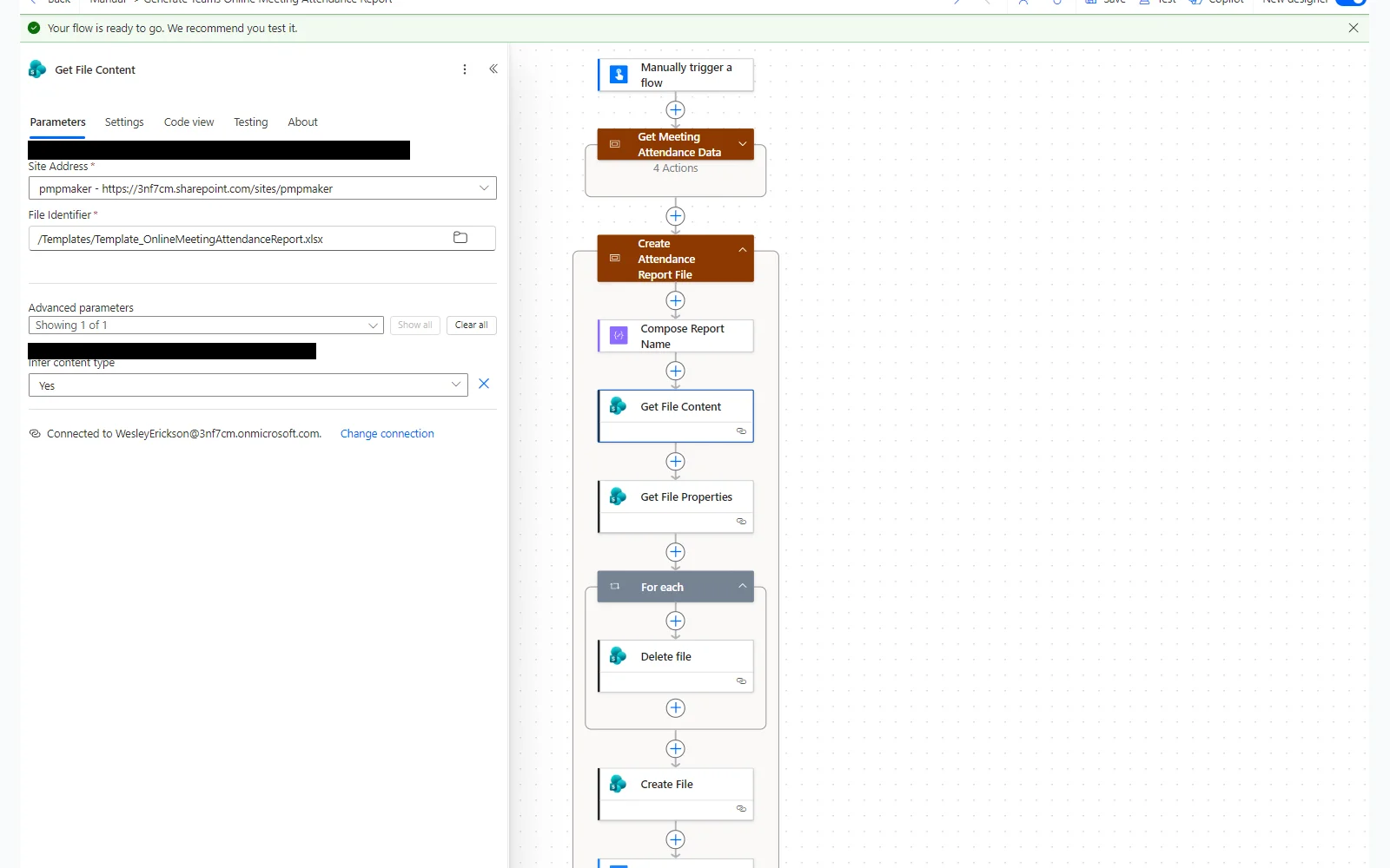 Get File Content action configured with the folder picker — not a typed path
