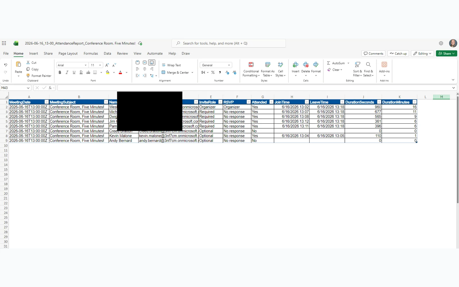 Final Excel roster with one row per person: invite role, RSVP status, attendance flag, and verified join and leave times